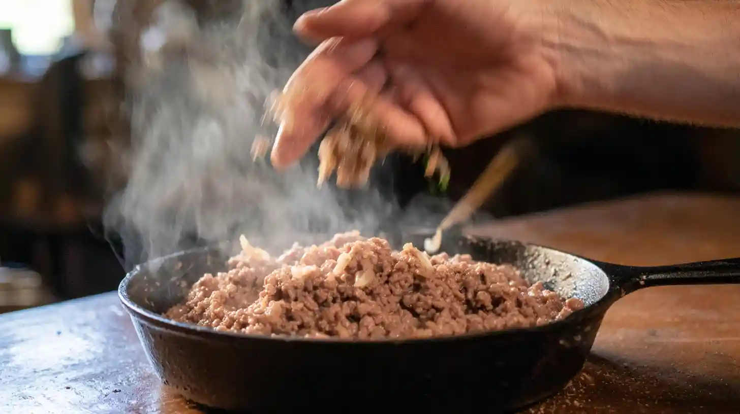 step1-ground-beef-filling-quick-skillet-meals quick skillet meals with ground beef and onion filling.budget-friendly dinner ideas