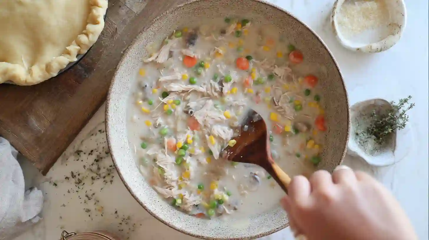 step1-mix-filling-easy-chicken-pot-pie Mixing creamy chicken pot pie filling with rotisserie chicken, canned soups, and frozen veggies for a quick weeknight dinner recipe.quick weeknight dinners.