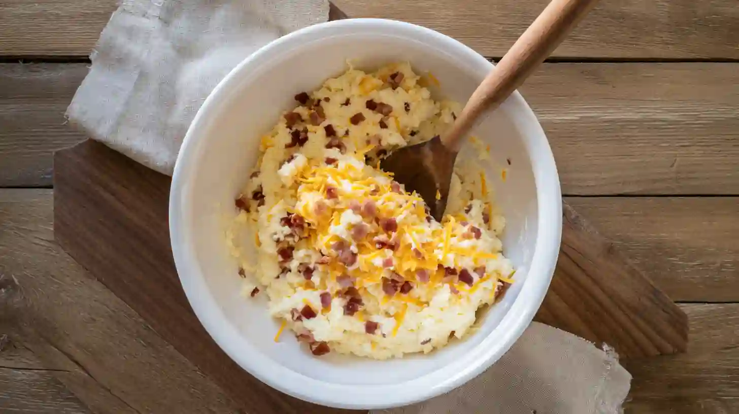 step2-cream-cheese-bacon-filling-doritos-snack Mixing creamy filling for Easy Cream Cheese Bacon Stuffed Doritos – High-Protein Party Snack with cheddar and bacon