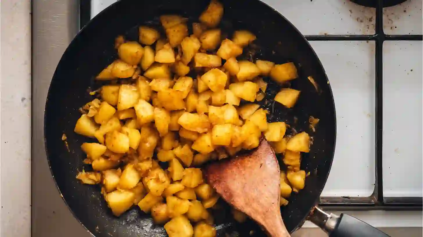 step2-golden-diced-potatoes-stirring golden diced potatoes being stirred in skillet