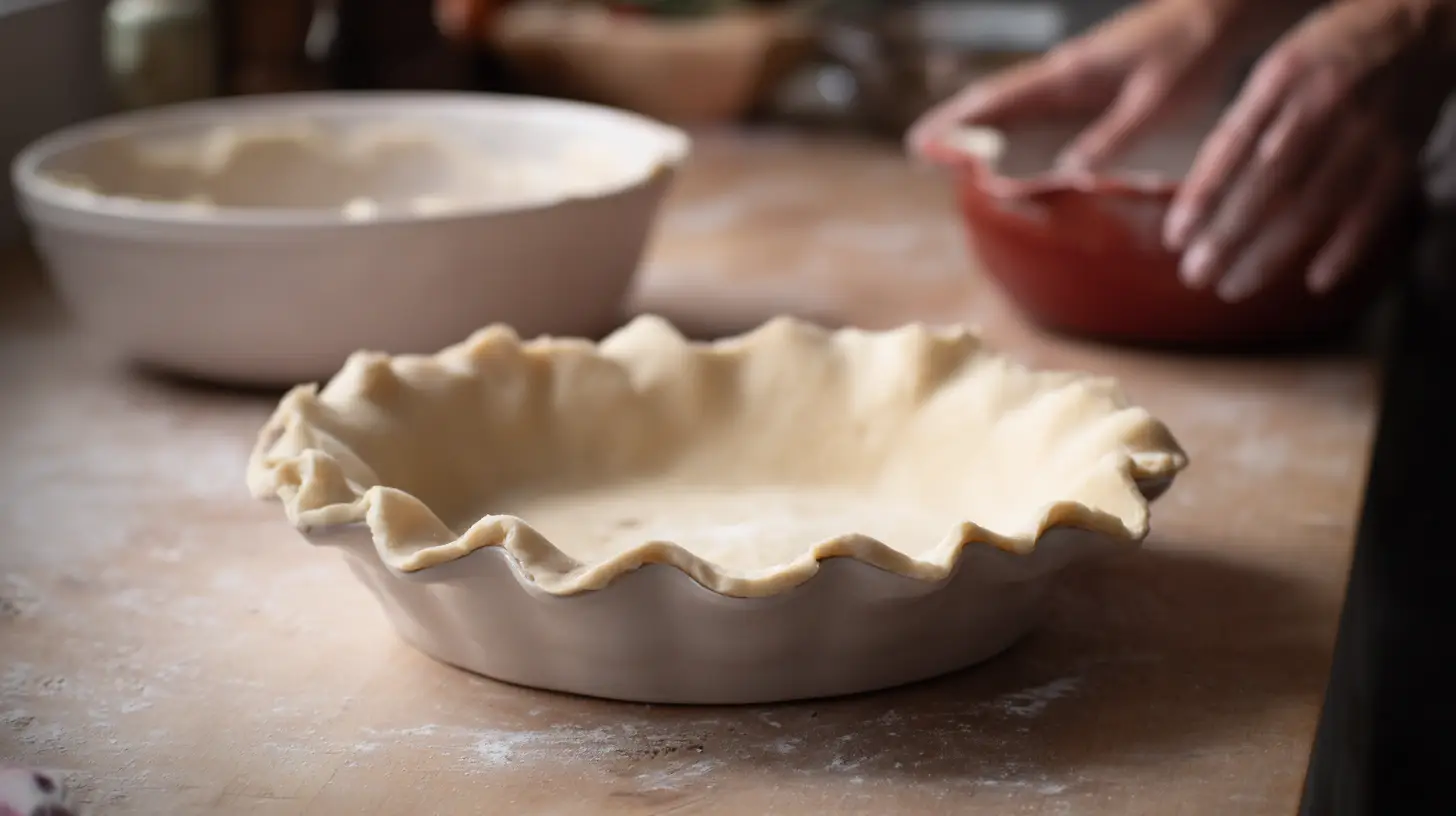 step2-lay-bottom-crust-easy-chicken-pot-pie Laying pie crust into dish for easy chicken pot pie recipe with creamy rotisserie chicken filling for quick family dinner. family-friendly meals under 30 minutes