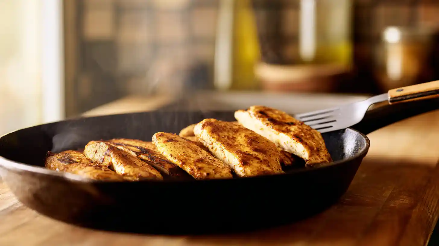 step2-sear-cajun-chicken-linguine Searing Cajun chicken in olive oil – quick and high-protein skillet dinner