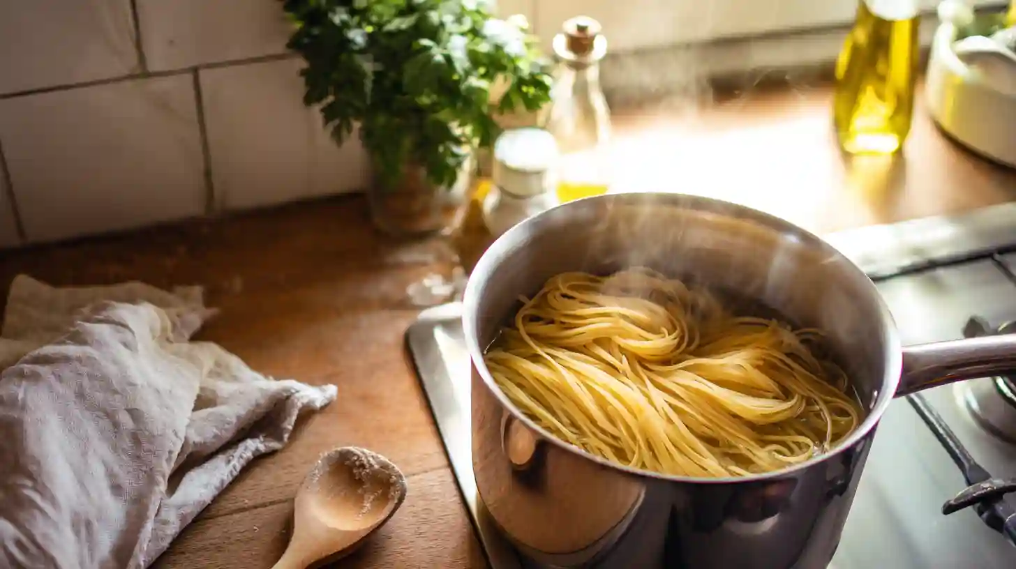 step3-boil-linguine-cajun-chicken-pasta Linguine pasta boiling al dente for Cajun chicken recipe – easy high-protein dinner