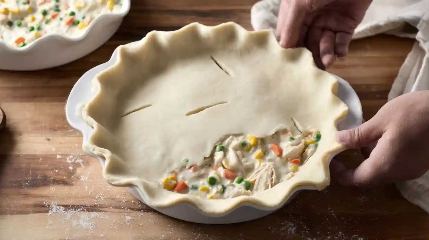 step3-fill-and-top-easy-chicken-pot-pie Filling and topping easy chicken pot pie with creamy chicken and vegetable mix sealed in buttery pie crust.budget-friendly creamy chicken recipes