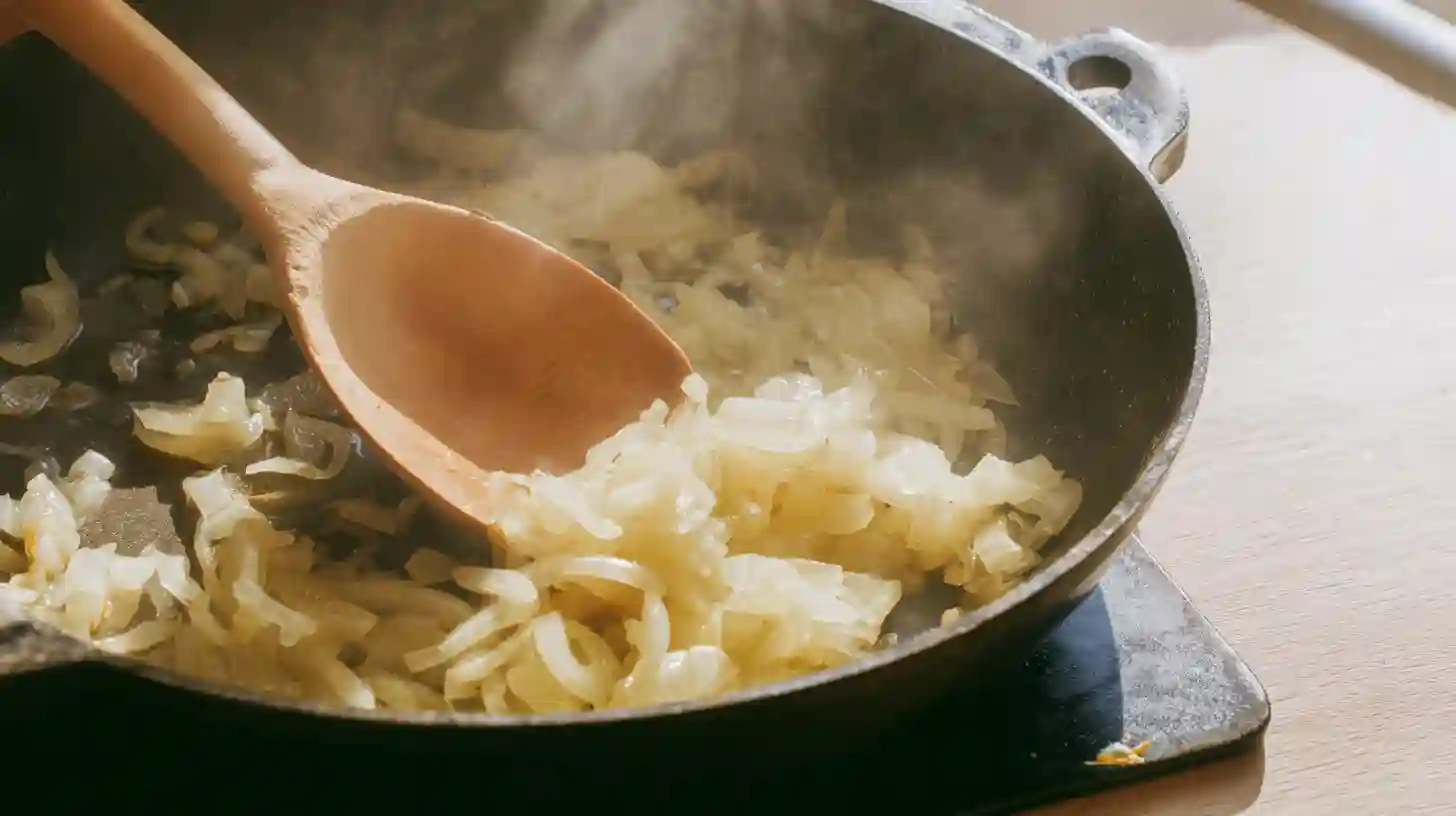 step3-sautéed-onions-skillet onions sautéing in skillet with steam rising