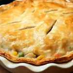 Golden baked easy chicken pot pie fresh from oven with buttery crust and creamy filling for budget-friendly family dinner.high-protein chicken recipes
