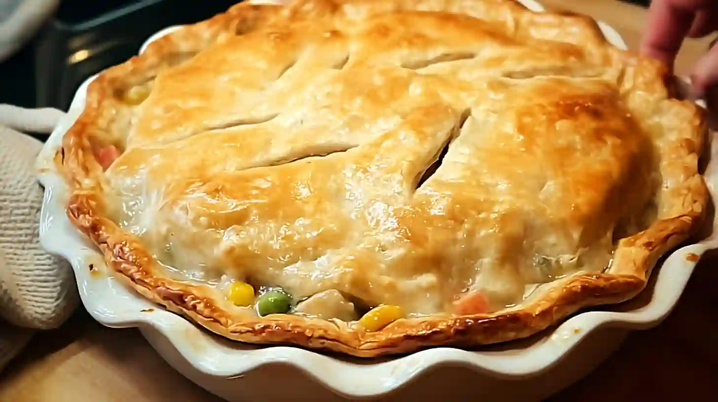 step4-bake-golden-easy-chicken-pot-pie Golden baked easy chicken pot pie fresh from oven with buttery crust and creamy filling for budget-friendly family dinner.high-protein chicken recipes