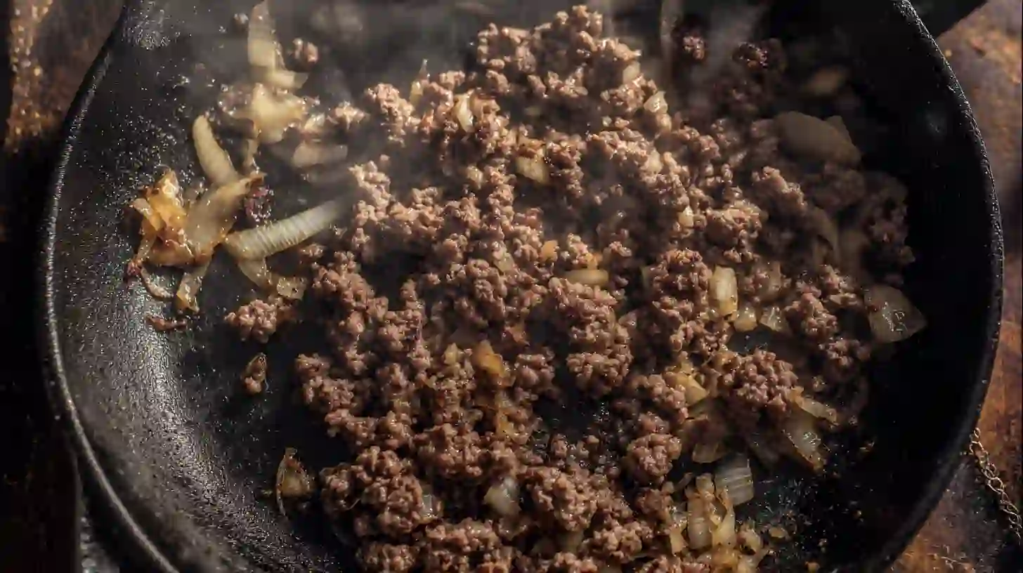 step4-browned-ground-beef-onions ground beef browning in skillet beside sautéed onions