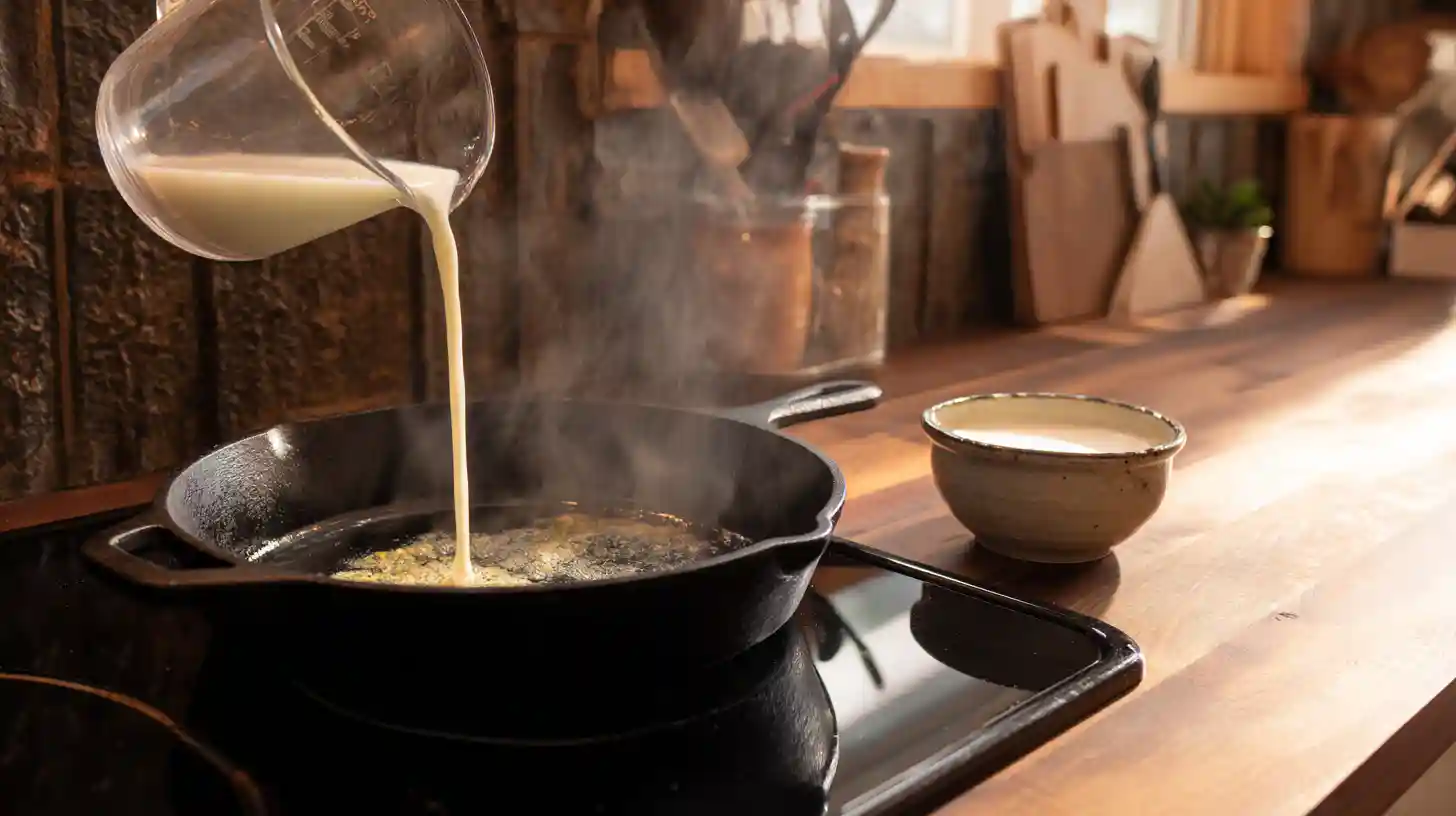 step4-garlic-cream-sauce-cajun-pasta Making garlic cream sauce in skillet – best creamy pasta sauce for quick family dinners