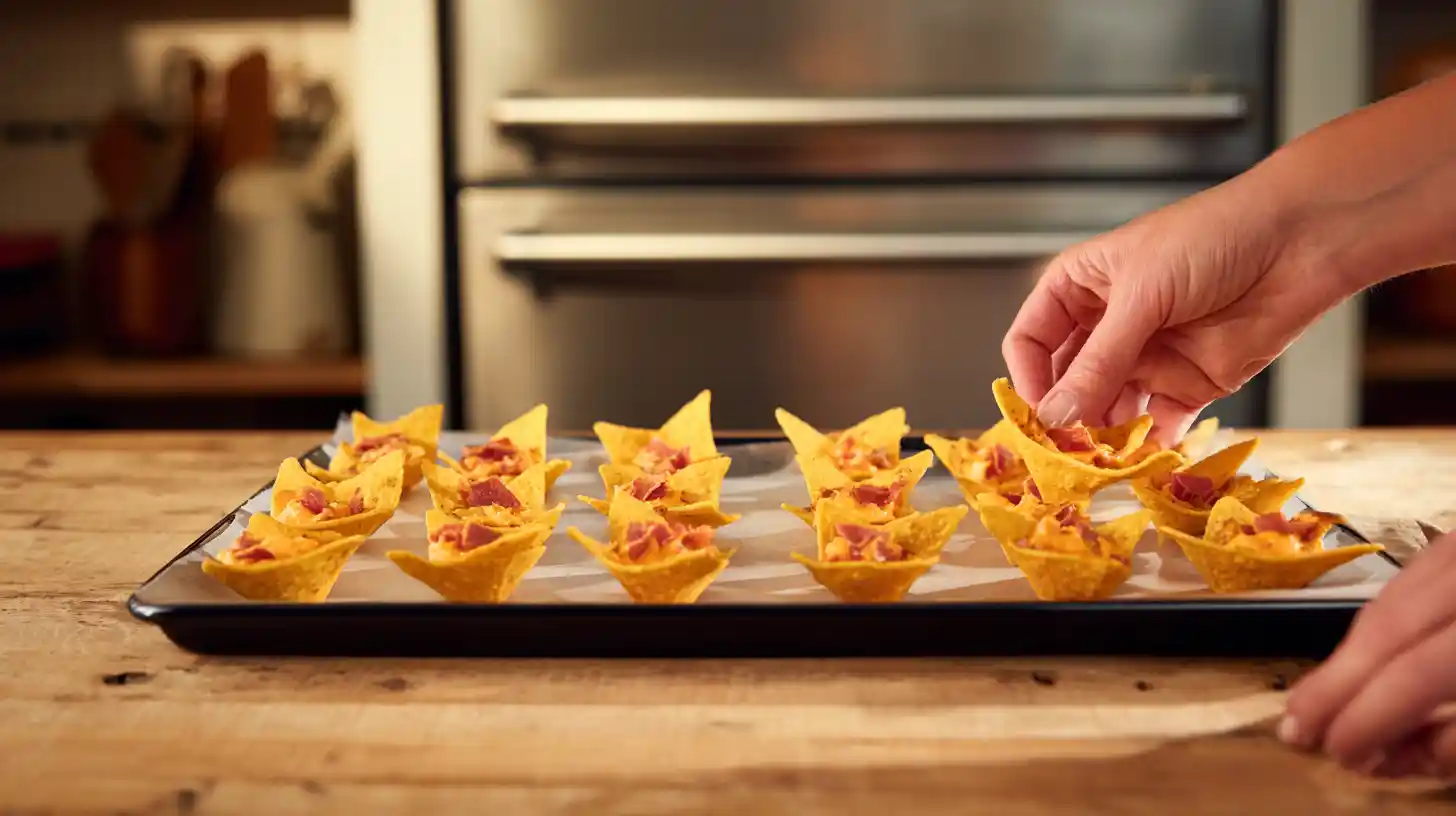 step5-arrange-stuffed-doritos-refrigerator-snack Arrange bacon cream cheese stuffed Doritos on a tray – Quick No-Bake Appetizer for Parties
