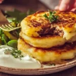 easy dinner recipes for family with mashed potato pancakes served with sour cream and salad