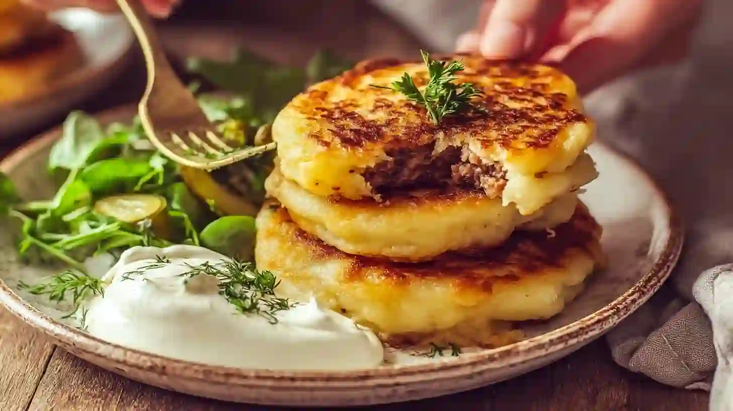 step5-serve-mashed-potato-pancakes-family-dinne easy dinner recipes for family with mashed potato pancakes served with sour cream and salad