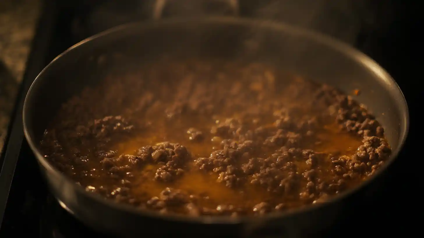step5-taco-seasoned-beef-simmering ground beef simmering with taco seasoning and garlic