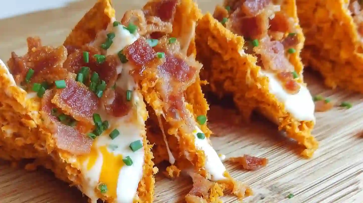 step6-serve-Easy-Cream-Cheese-Bacon-Stuffed-Doritos Serve bacon cream cheese stuffed Doritos with chive garnish – Easy Appetizer for Game Day and Budget Parties