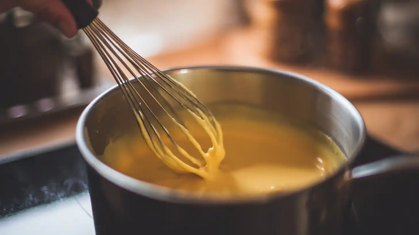 step7-nacho-cheese-sauce-whisking nacho cheese sauce being whisked in saucepan until smooth