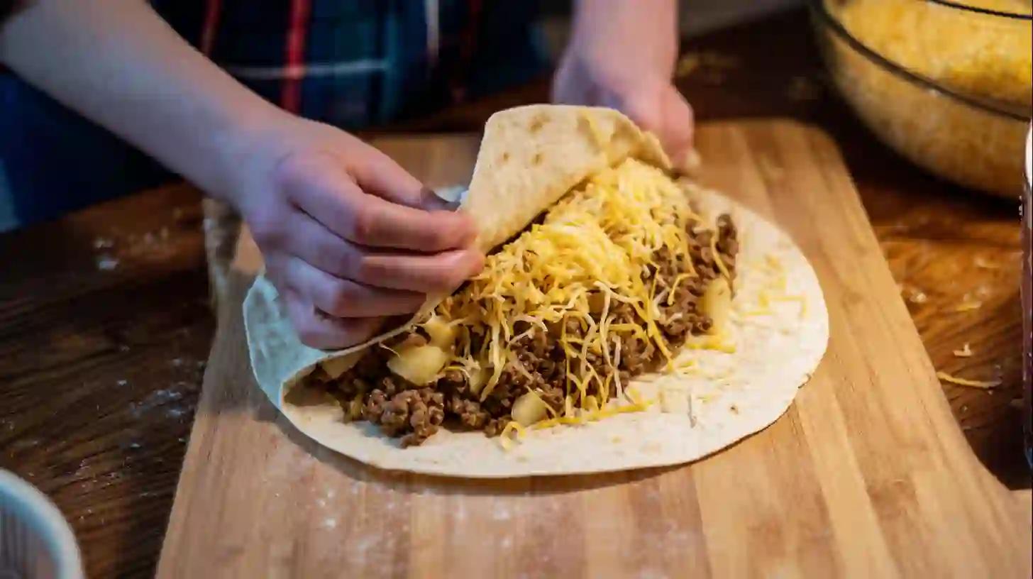 step8-burrito-assembly-beef-potatoes-cheese tortilla being filled with beef, potatoes, and cheese
