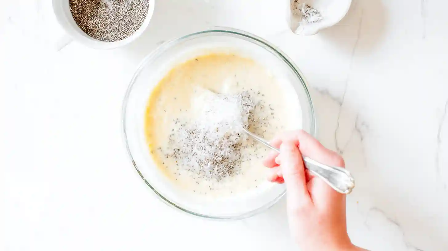 stir-coconut-chia-cottage-cheese-pudding stirring coconut and chia into cottage cheese pudding – low carb high protein snacks and healthy snacks for kids lunchbox