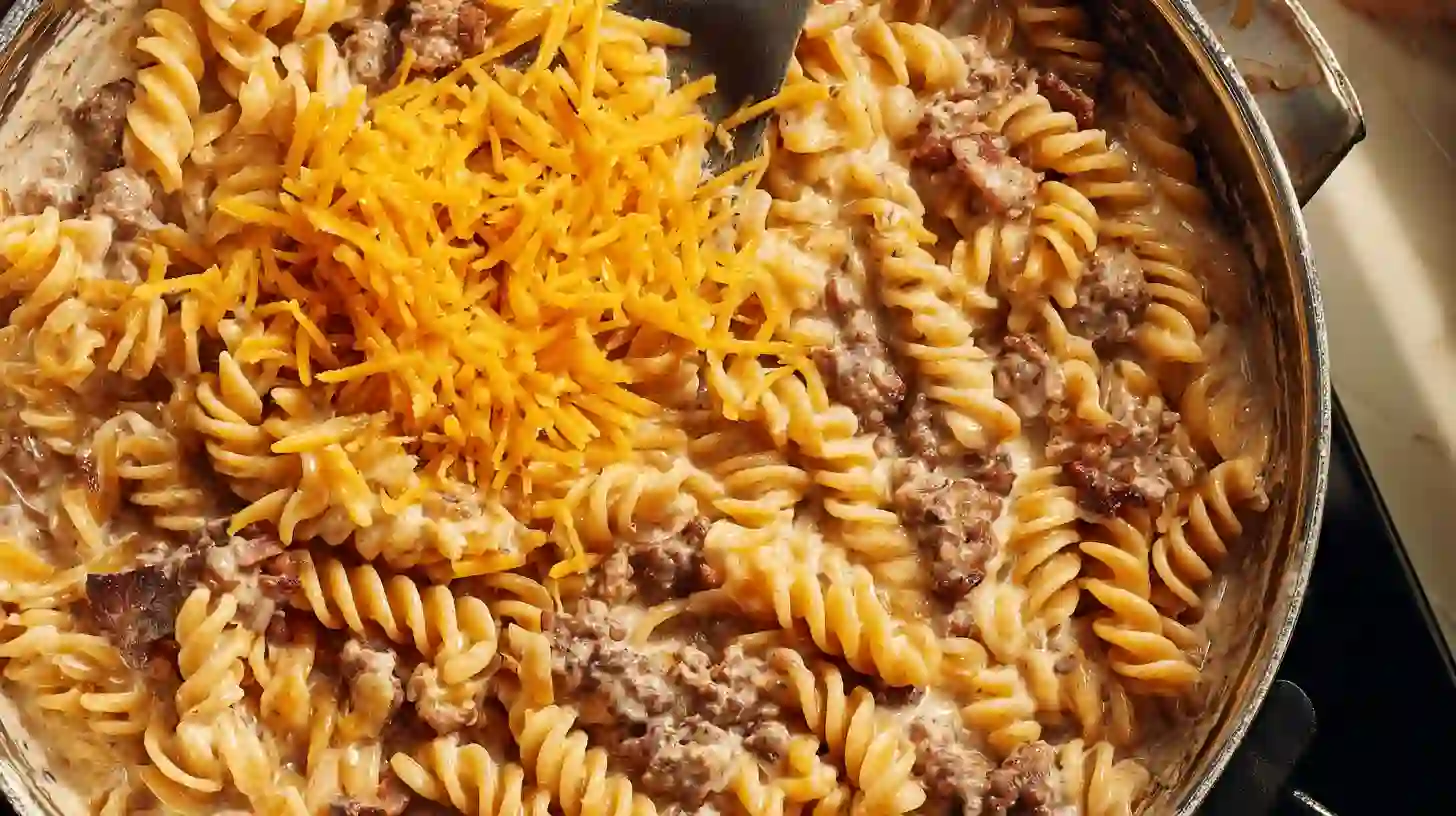stir-pasta-bacon-cheddar-skillet-step4 Stirring pasta, bacon, and cheddar into cheesy beef skillet