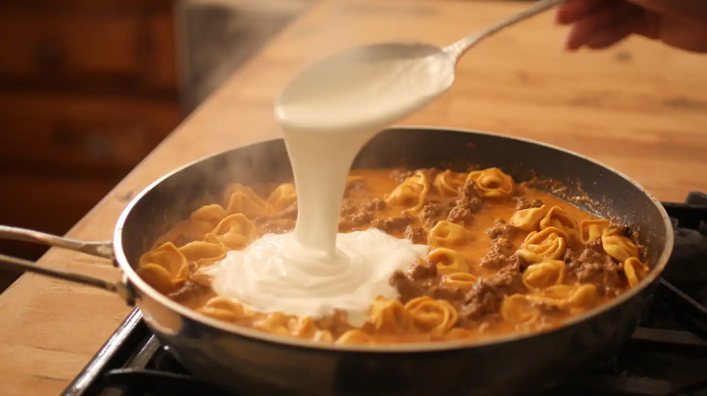 stir-sour-cream-creamy-enchilada-tortellini mixing sour cream into one-pot cheesy beef tortellini for creamy skillet dinner