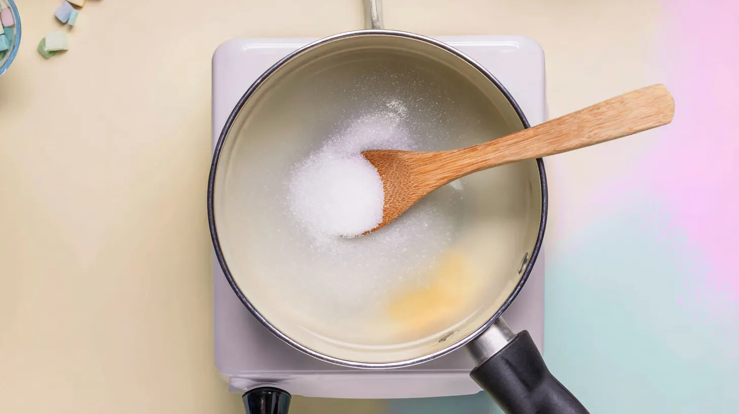 stir-sugar-corn-syrup-saltwater-taffy Stirring sugar and corn syrup in a saucepan for taffy base