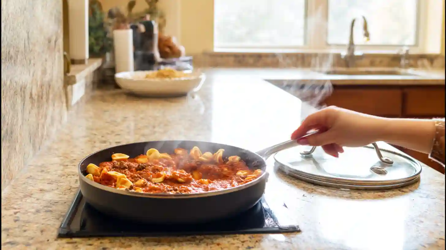 stir-tortellini-enchilada-one-pan-dinner stirring cheese tortellini into enchilada sauce for easy one-pan pasta dinner