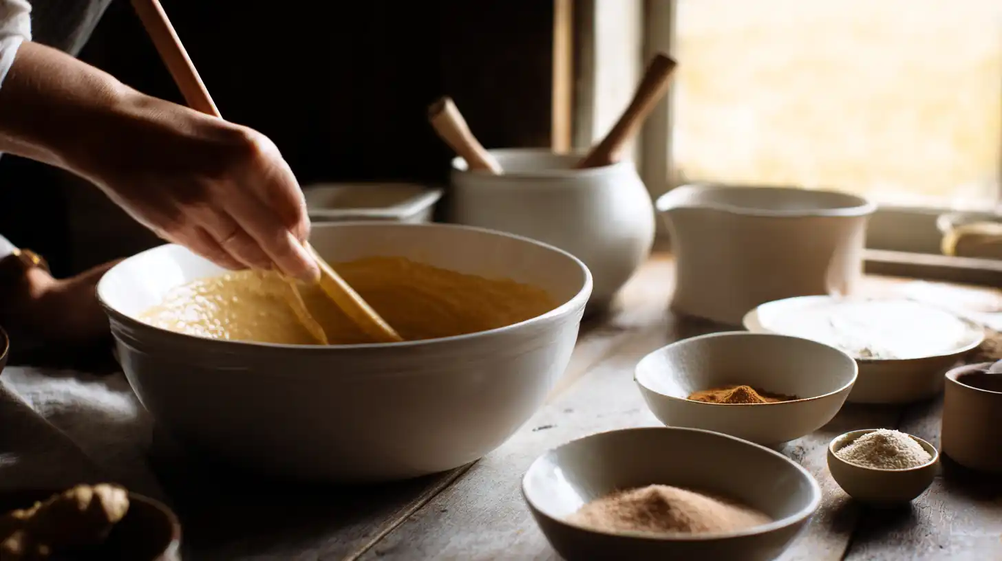 stirring-ginger-spices-gluten-free-dessert Stirring ginger and spices into gut-friendly baking batter for gluten-free dessert recipes