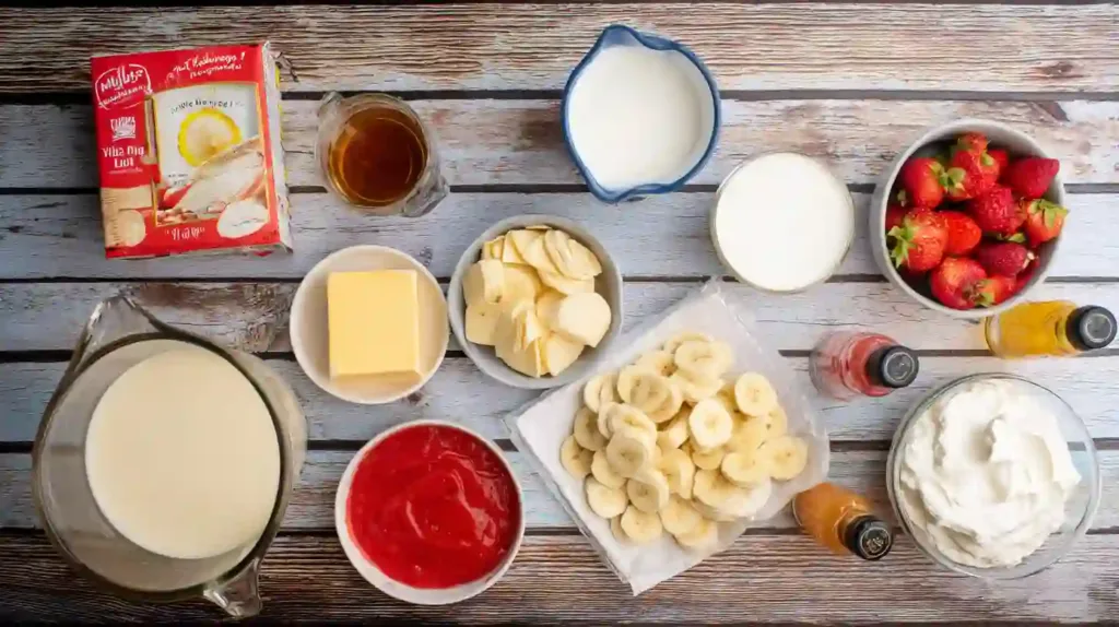 Strawberry Cheesecake Banana Pudding ingredients simple – vanilla pudding mix, milk, cream cheese, strawberries, bananas, and wafers for easy layered dessert recipes.