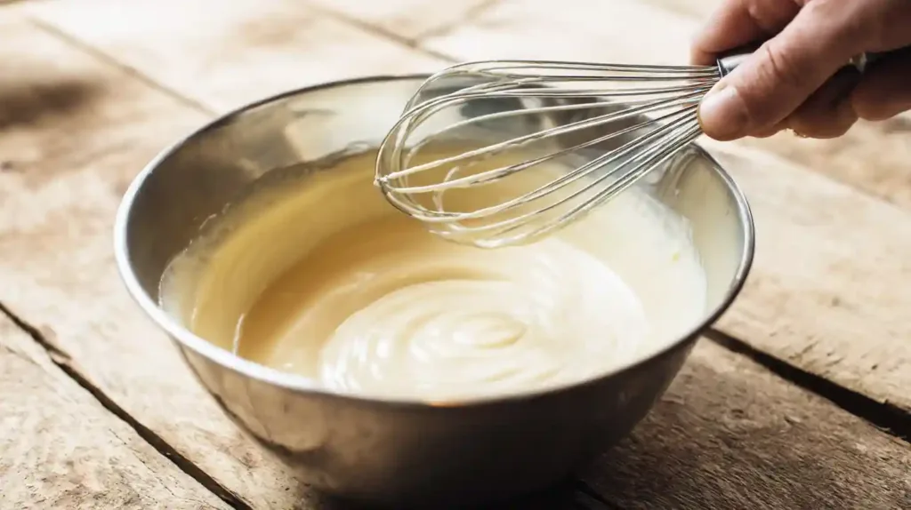 Whisking pudding mix and milk for Strawberry Cheesecake Banana Pudding Recipe – creamy dessert recipes for families and easy layered dessert recipes.