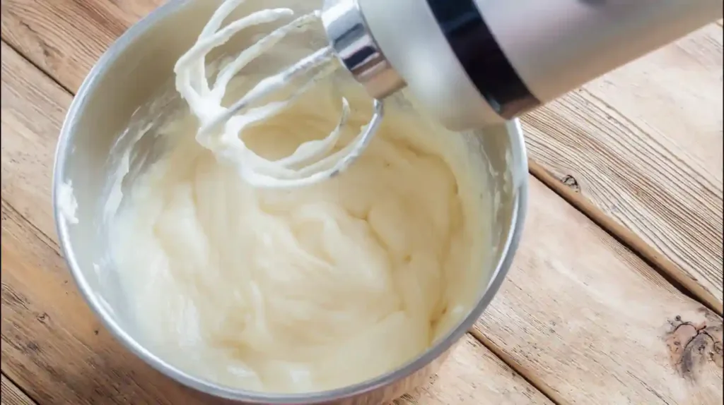 Blending condensed milk and cream cheese for Strawberry Cheesecake Banana Pudding Recipe – creamy dessert recipes for families and easy layered dessert recipes.