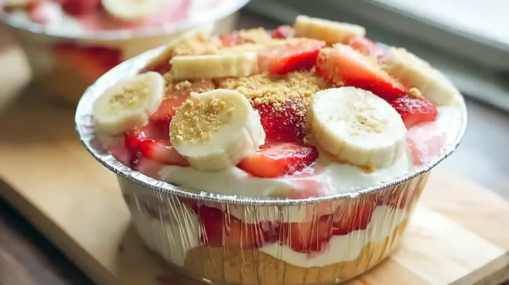 Layering pudding, wafers, bananas, and strawberries for Strawberry Cheesecake Banana Pudding Recipe – best no bake desserts for parties and easy layered dessert recipes.