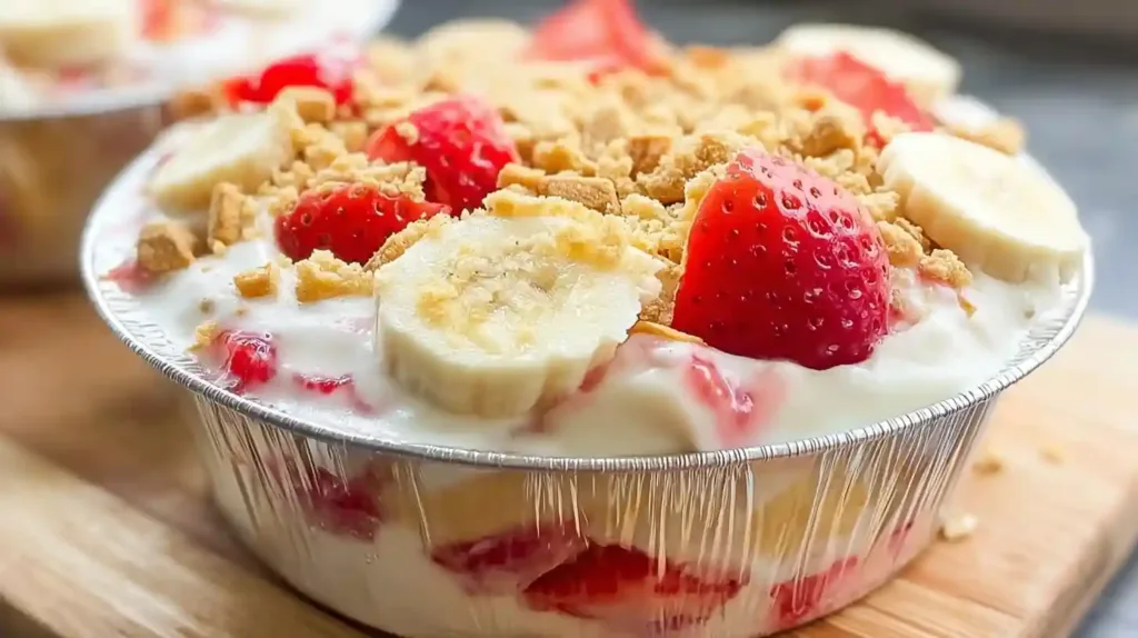 Finished Strawberry Cheesecake Banana Pudding Recipe topped with fresh fruit and wafers – easy layered dessert recipes and best no bake desserts for parties.
