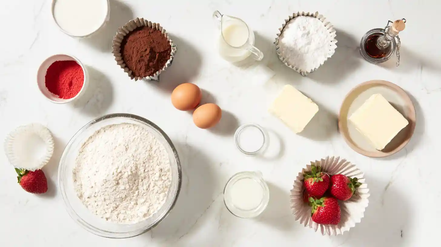strawberry-cheesecake-red-velvet-cupcakes-Recipe-ingredients Ingredients for Strawberry Cheesecake Red Velvet Cupcakes Recipe with cream cheese, red food coloring, and fresh strawberries