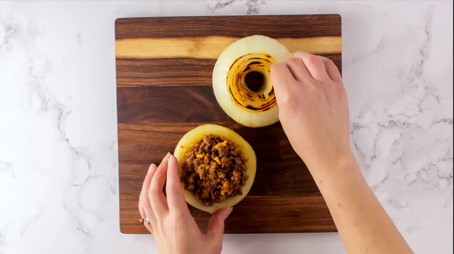 stuffing-bacon-cheeseburger-loaded-onion-ring-bombs-step3 Stuffing crispy bacon cheeseburger loaded onion ring bombs with seasoned ground beef for budget-friendly family dinners and easy deep fryer recipes