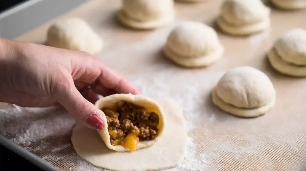 Filling and folding biscuit dough with cheesy beef for kid-friendly comfort food and stuffed biscuit dough recipes