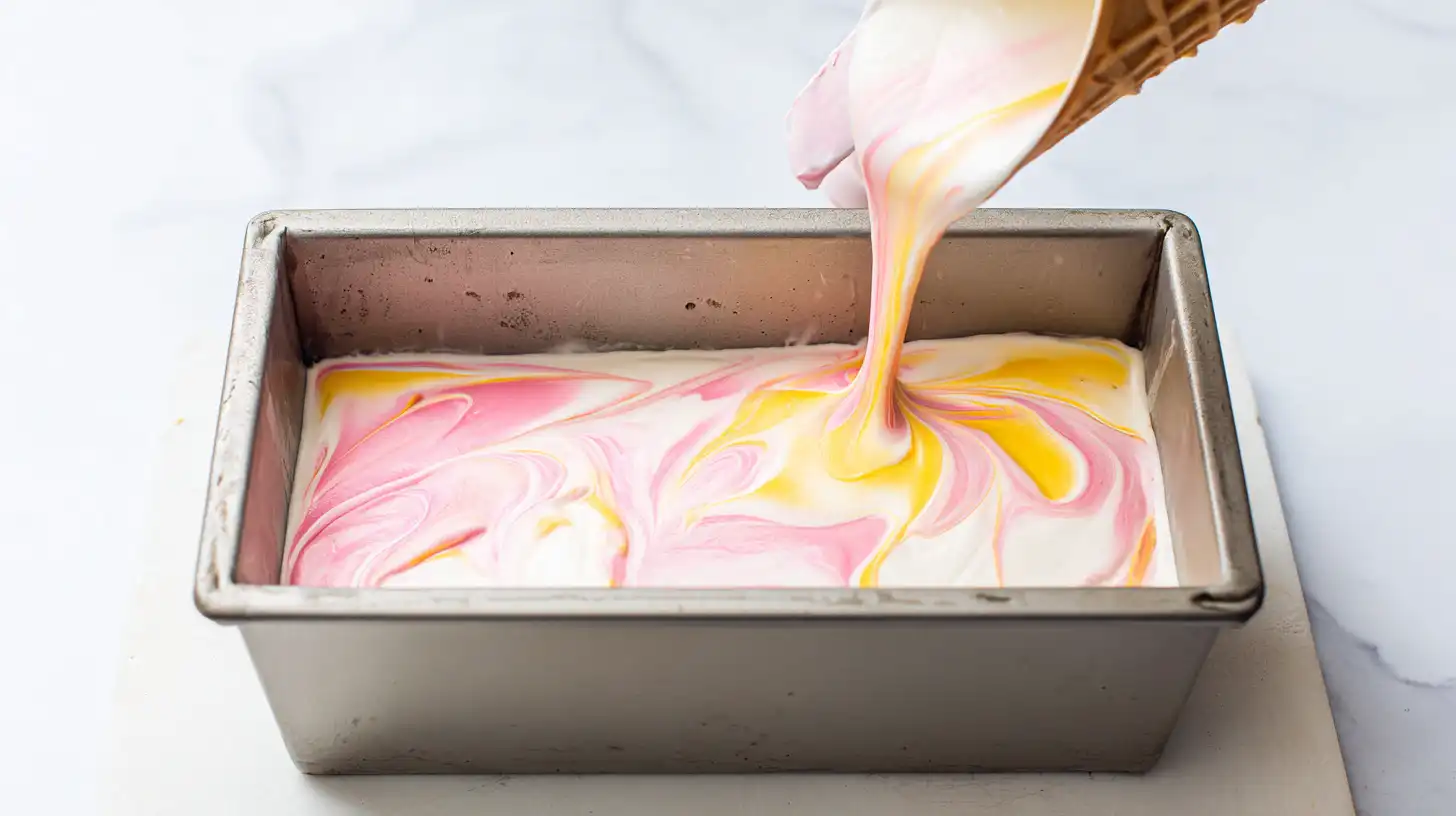 swirl-bahama-mama-ice-cream-tropical-colors Swirling pink and yellow cream into Bahama Mama Ice Cream loaf pan – tropical dessert recipe and easy no churn ice cream for kids