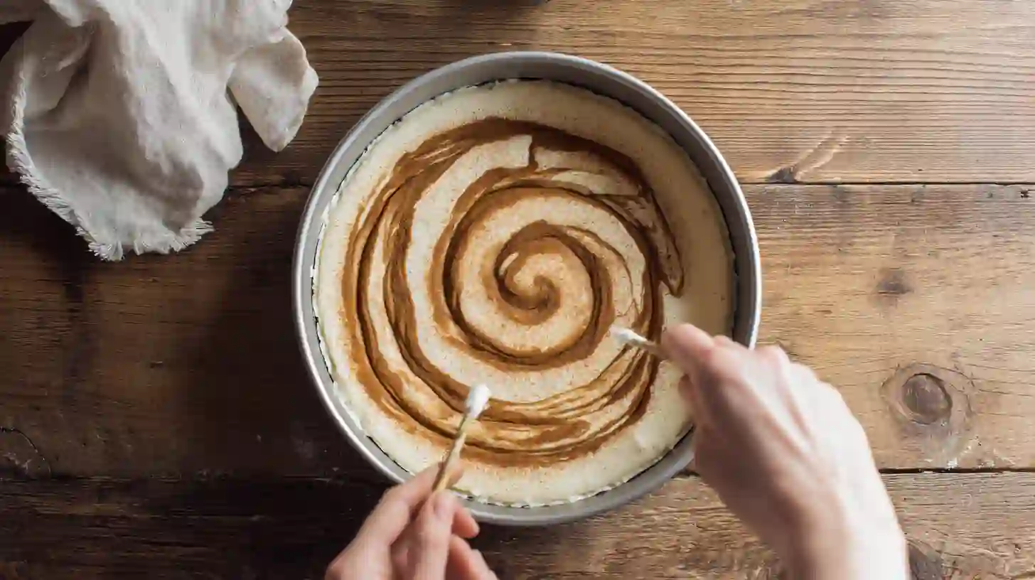 swirling-cinnamon-spiral-honeybun-cheesecake Swirling cinnamon sugar spiral into cream cheese filling for cinnamon roll honeybun cheesecake