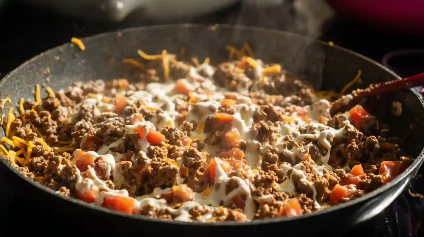 taco-spaghetti-creamy-sauce-skillet Making creamy taco sauce in a skillet with beef and cheese