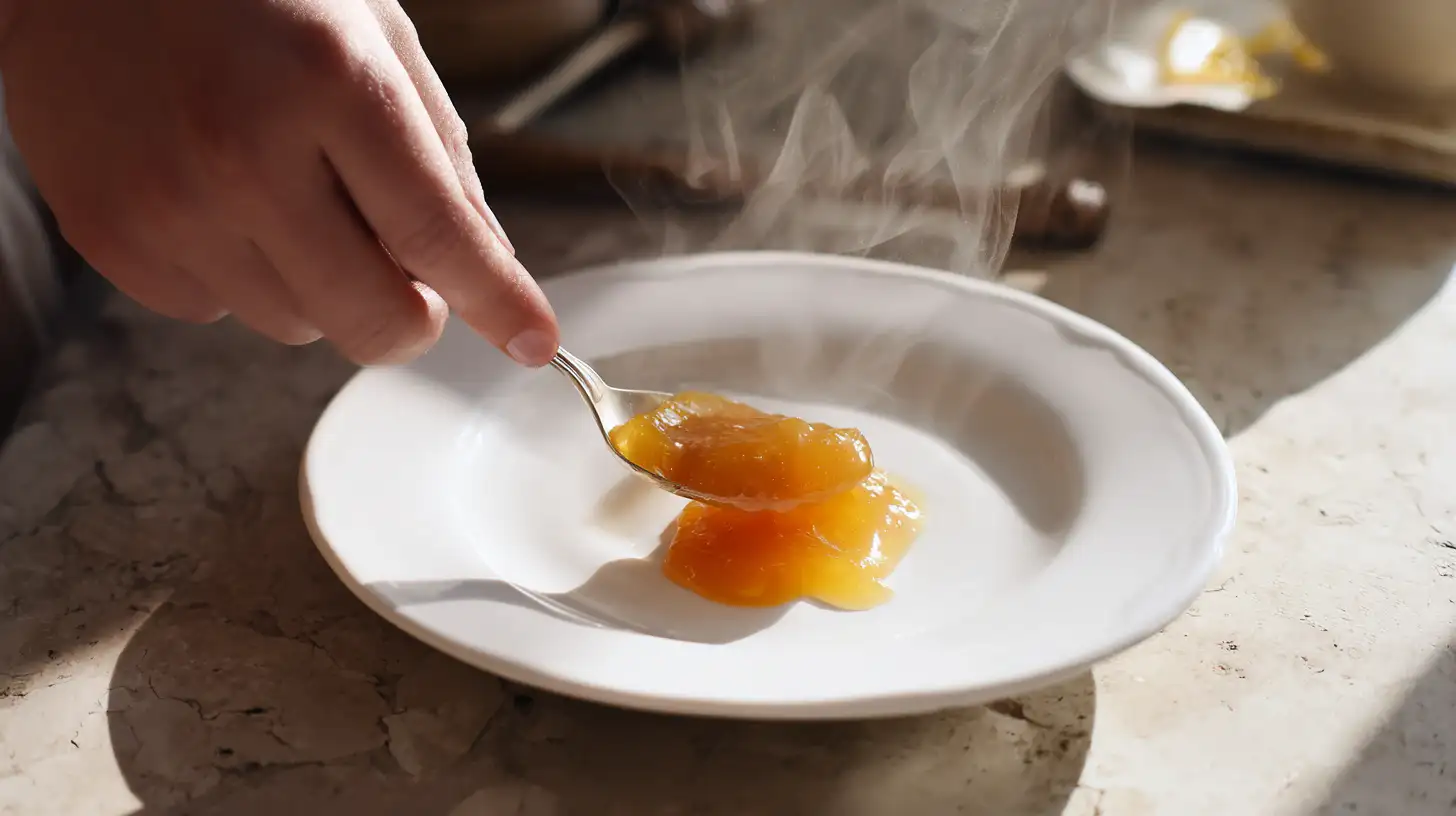 test-lemon-jam-readiness Testing Italian lemon jam for readiness with the plate wrinkle method used in easy jam recipes for beginners and homemade fruit spreads