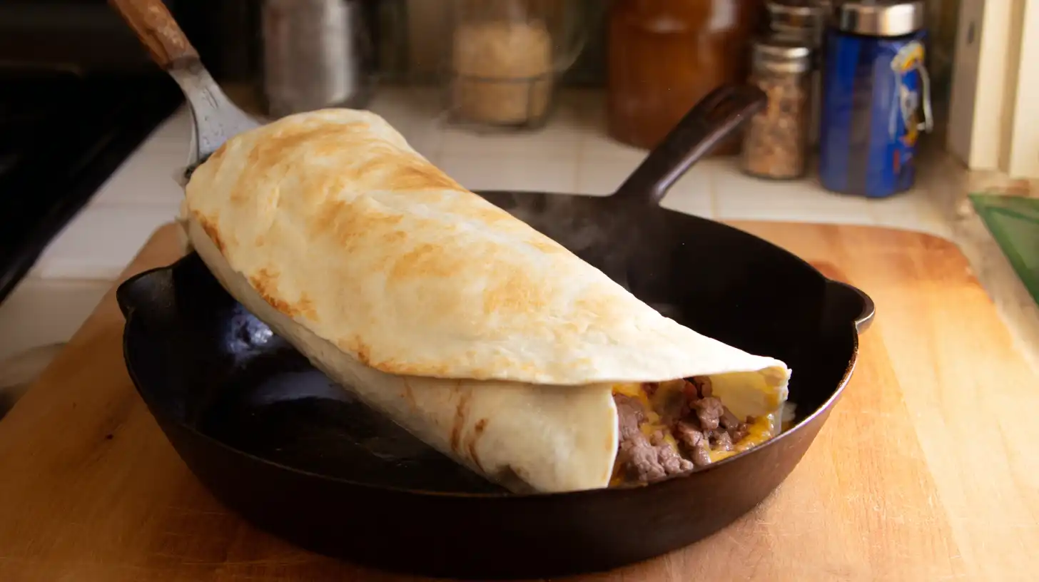 toasted-nacho-cheese-beef-wrap-recipe Toasting a cheesy beef tortilla wrap in skillet for crispy texture