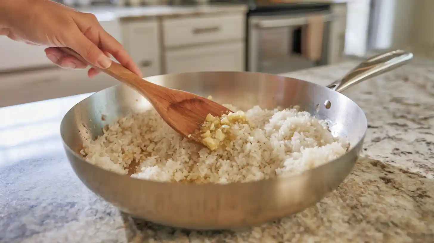 toasting-rice-lemon-garlic-one-pan-dinner Toasting rice in lemon garlic butter for healthy one-pan chicken and rice dinner