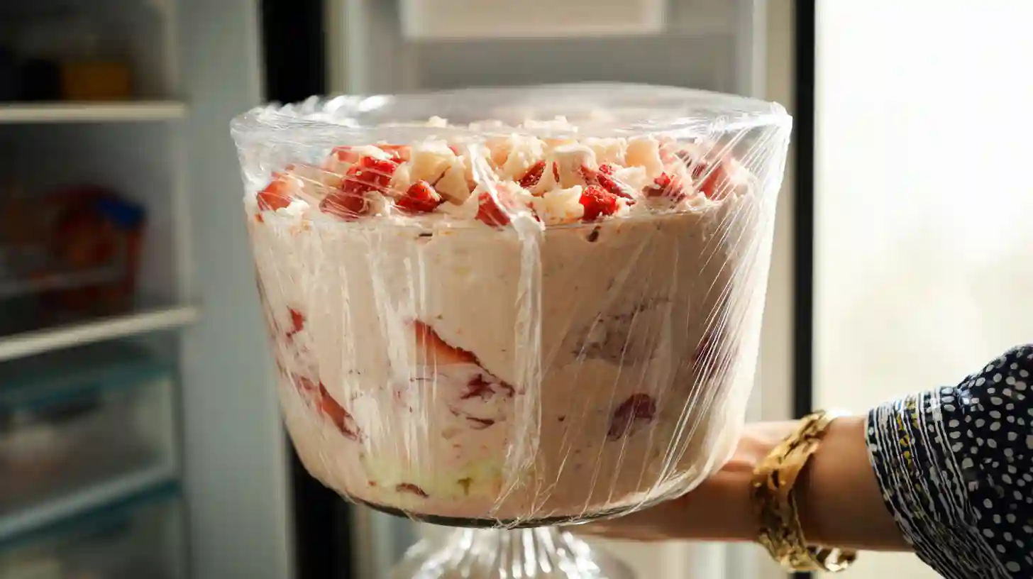 top-and-chill-strawberry-cheesecake-banana-pudding Layering banana slices, strawberries, cheesecake, and pudding in dessert dish