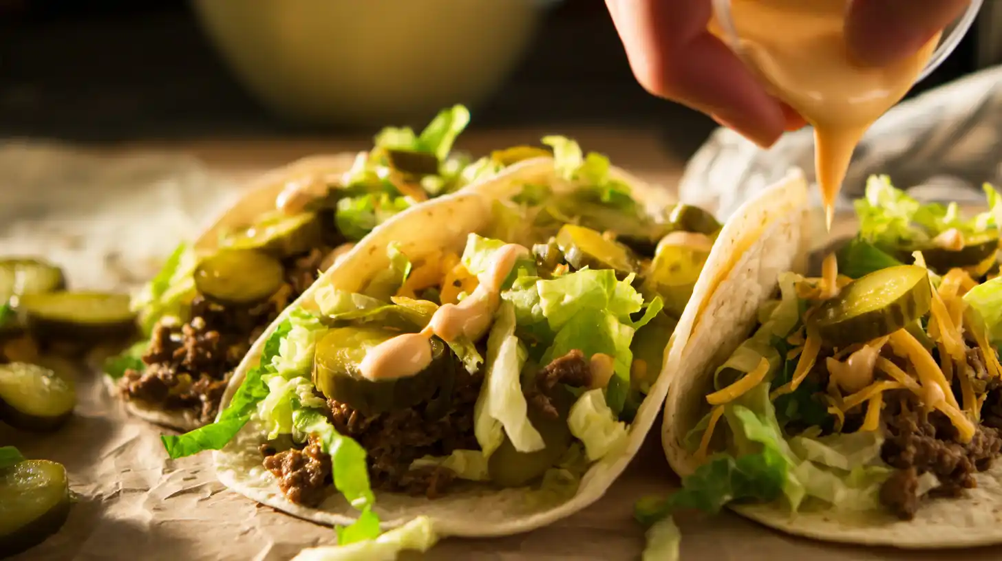 topping-bacon-cheeseburger-tacos-lettuce-pickles-sauce Topping bacon cheeseburger tacos with lettuce, pickles, and burger sauce – burger-style taco night