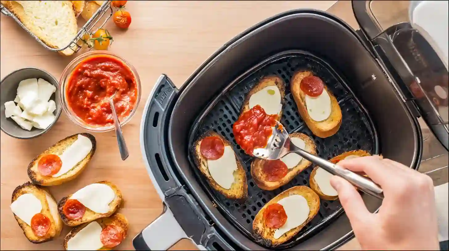 topping-texas-toast-pizza-in-air-fryer Adding sauce, cheese, and mini pepperoni to Texas toast