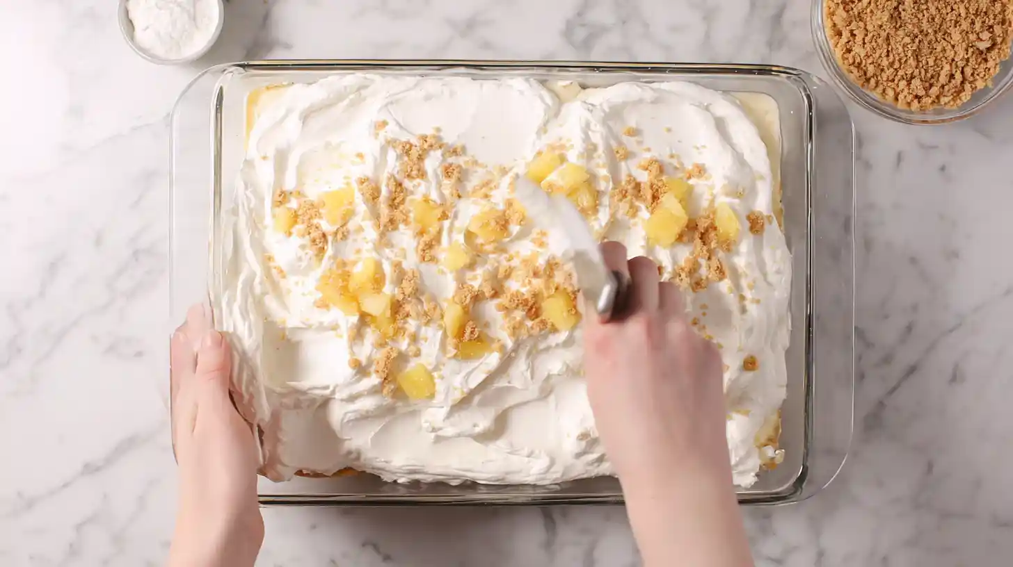 topping-whipped-pineapple-cheesecake-layer Adding whipped topping and pineapple to cheesecake layer