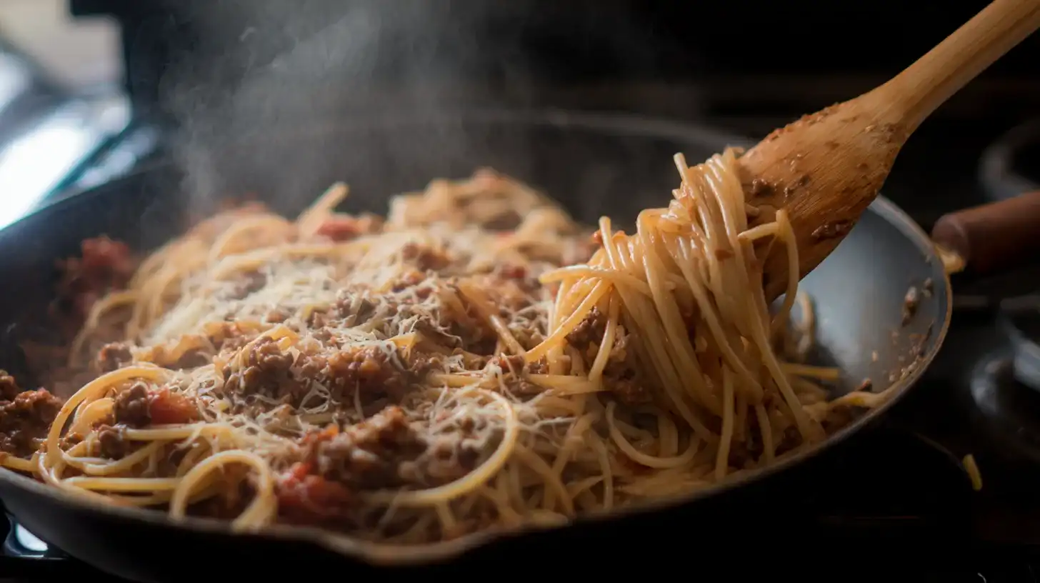 toss-pasta-into-taco-sauce Tossing cooked spaghetti into creamy taco meat sauce