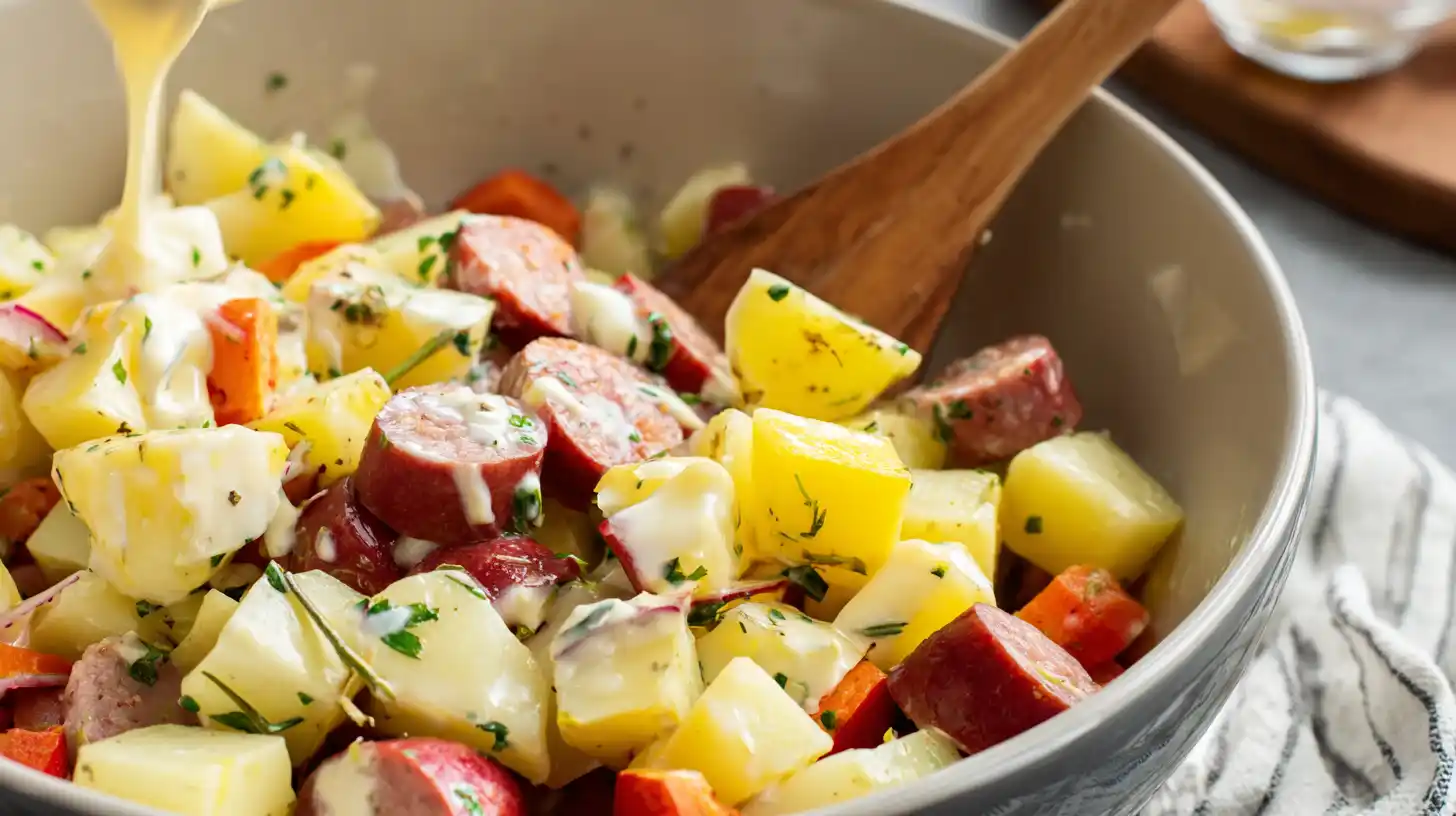 toss-ranch-sausage-potato-mixture Tossing sausage and potatoes with ranch dressing and olive oil