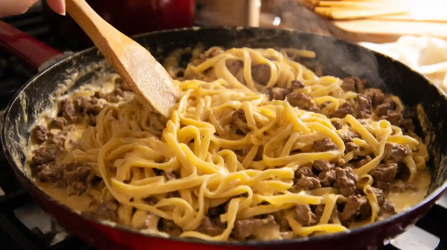 tossing-cajun-beef-linguine-velveeta-pasta Tossing Cajun beef and linguine in creamy Velveeta cheese pasta sauce for quick family dinners