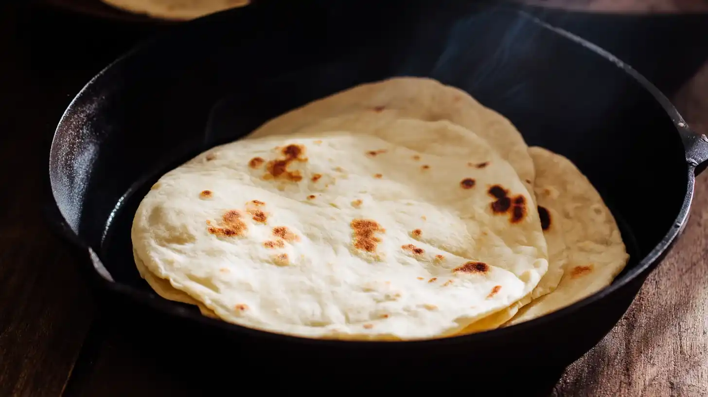 warm-flour-tortillas-for-burrito-rolling Flour tortillas warming in a skillet for easy burrito assembly
