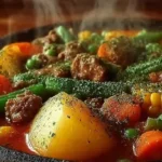 Bowl of hearty Warm Up with Hearty Campfire Stew campfire stew with beef, potatoes, and vegetables