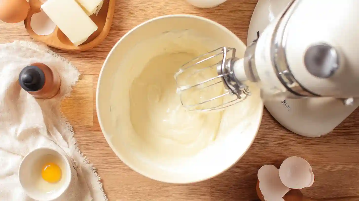 whipping-cheesecake-filling-pull-apart-cookie-loaf Smooth cream cheese cheesecake filling being whipped for Pull Apart Cookie Dough Cheesecake Loaf Recipe – perfect for best homemade baking ideas and budget-friendly family desserts.